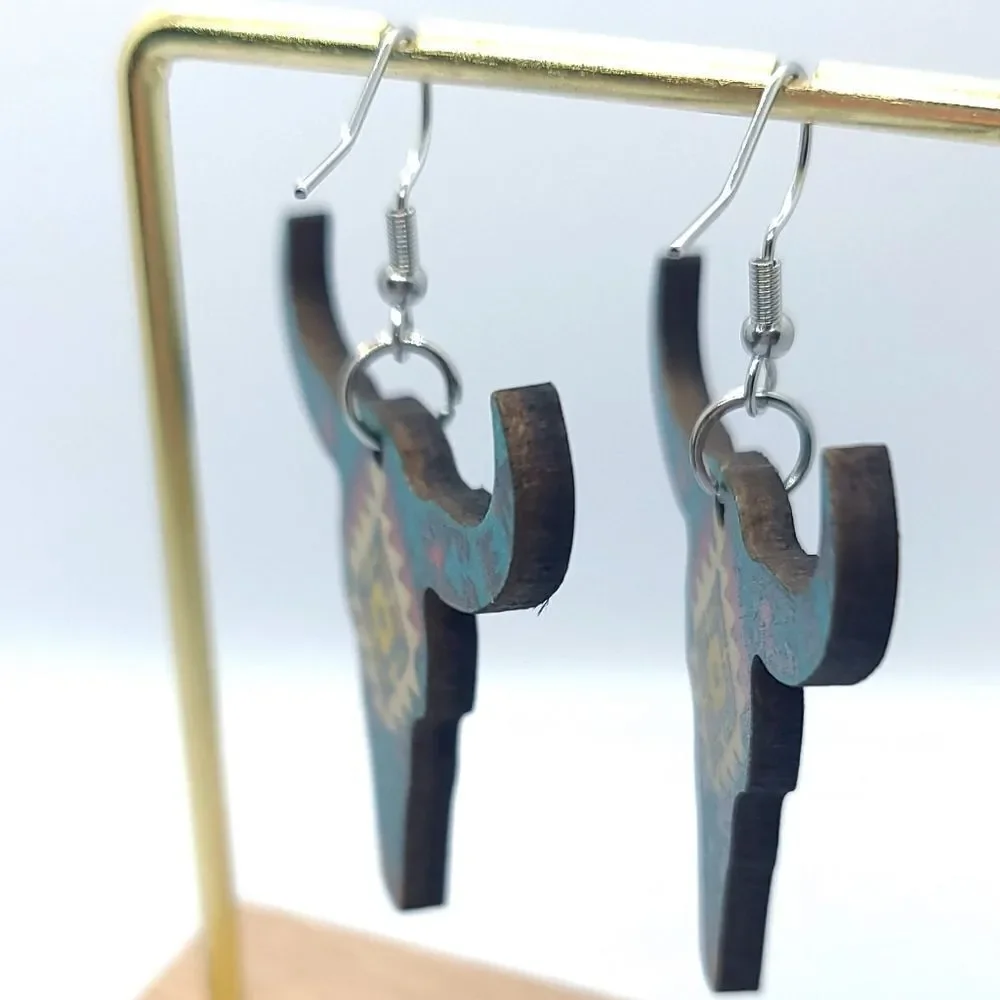 Longhorn Skull Earrings Southwestern Cowgirl Aztec Steer Western Wood Dangle